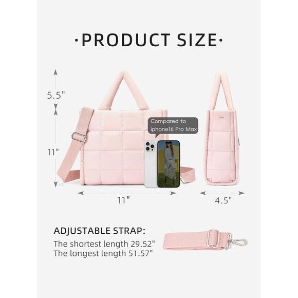 Pink Womens Quilted Nylon Tote Shoulder Bag Puffy Weekender Overnight Bag Lightw - Picture 2 of 6